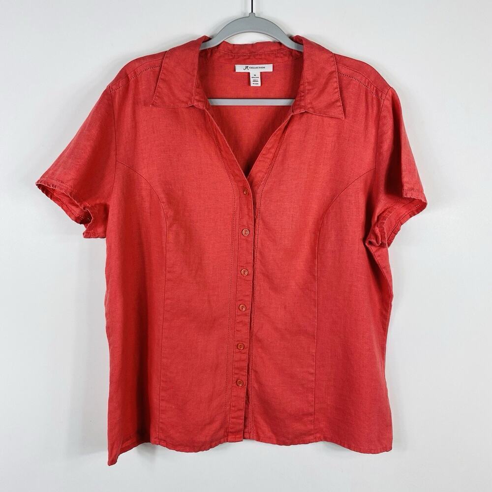JM Collection Size 16 100% Linen Short Sleeve Button Top Pink